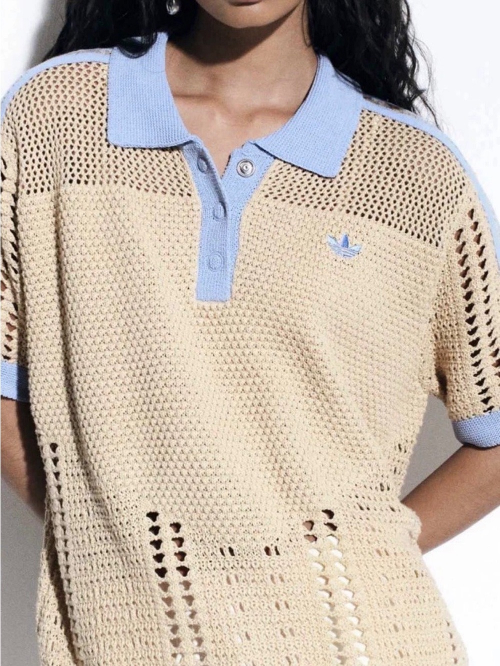 adidas ASOS Women’s Open-Knit Collared Short Sleeve Pullover Sweater Beige/Blue